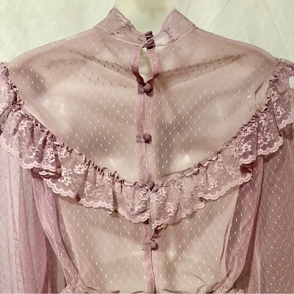Vintage Victorian Edwardian Style Sheer Lavender Purple Lace Ruffle Blouse Size - Picture 8 of 9